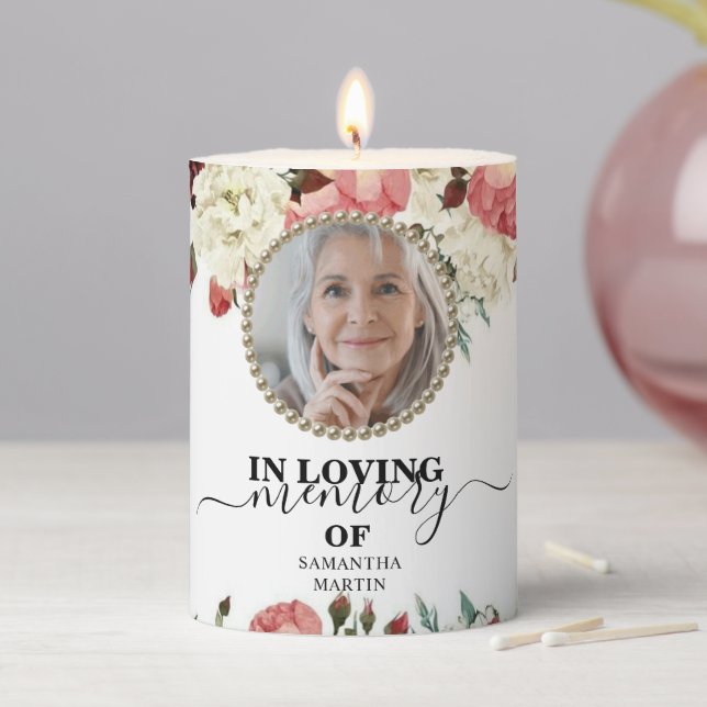Elegant Roses Floral Memorial Remembrance Pillar Candle (In Situ)