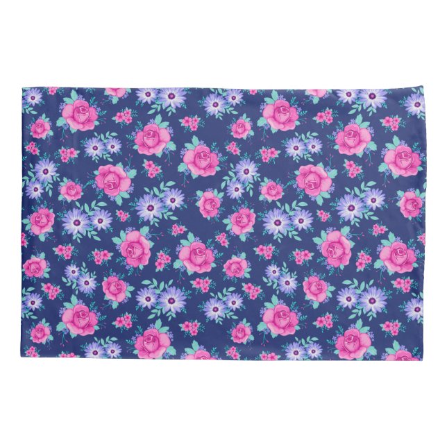 Elegant Roses Floral Pink Purple Blue Pattern Pillow Case (Back)