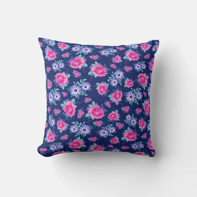 Elegant Roses Floral Pink Purple Blue Pattern Throw Pillow (Front)