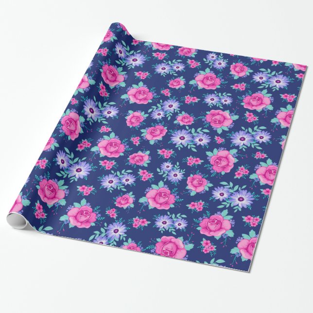 Elegant Roses Floral Pink Purple Blue Pattern Wrapping Paper (Unrolled)