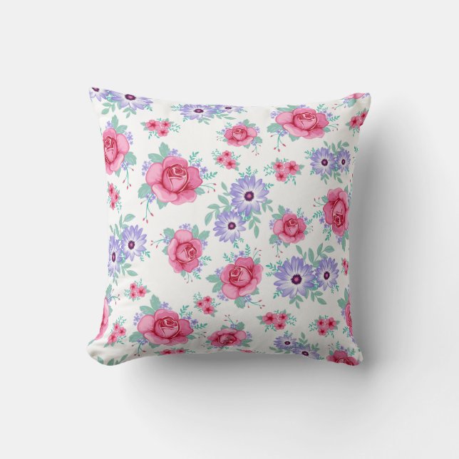Elegant Roses Floral Pink Purple White Pattern Throw Pillow (Front)
