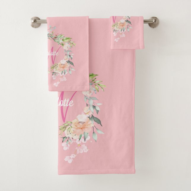 Elegant Roses Floral Pink Script Monogram Bath Towel Set (Insitu)