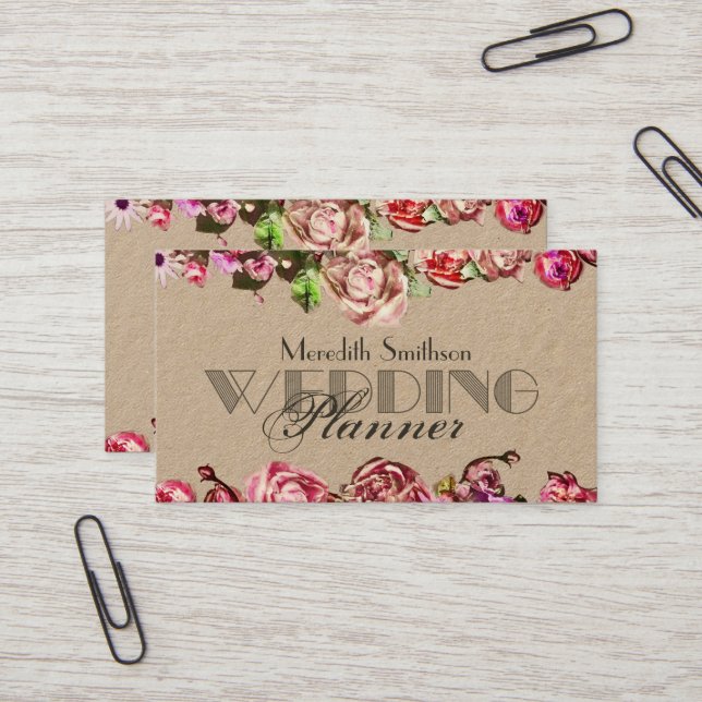 Elegant Roses Floral Professional Wedding Planner Business Card (Front/Back In Situ)