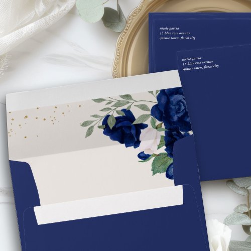 Elegant Roses Floral Return Address Royal Blue Envelope