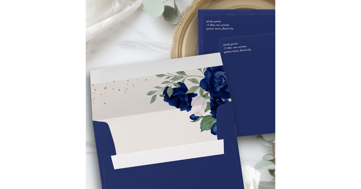 Elegant Roses Floral Return Address Royal Blue Envelope | Zazzle