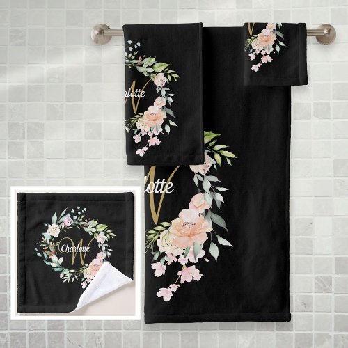 Elegant Roses Floral Script Monogram Black Gold Bath Towel Set