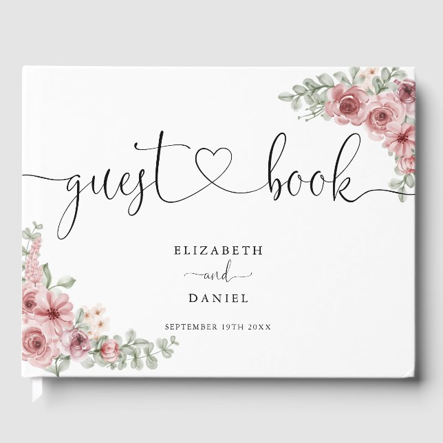 Elegant Roses Floral Script Script Wedding Guest Book (Front)