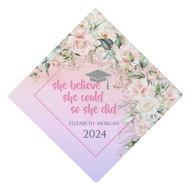 Elegant Roses Glitter Graduate Cap (Front)