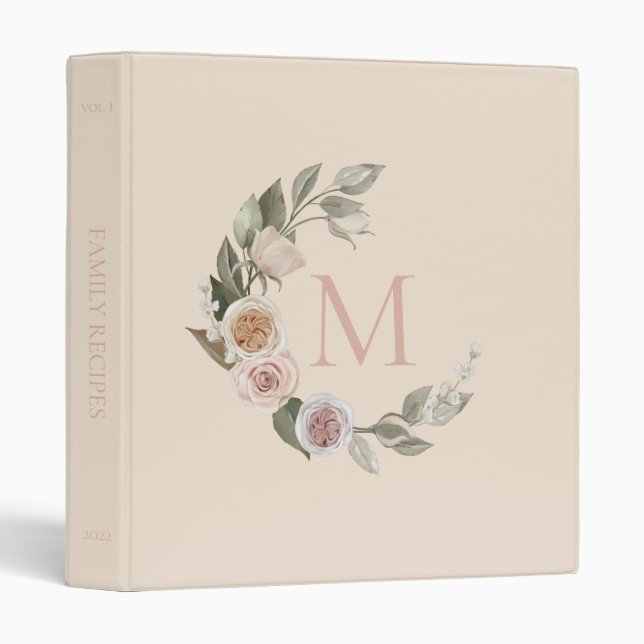 Elegant Roses Greenery Initial Recipe 3 Ring Binder (Front/Spine)