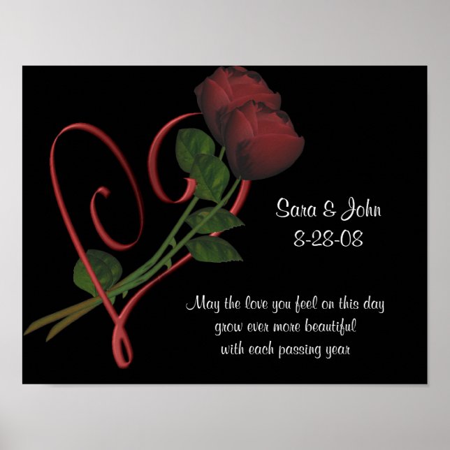 Elegant Roses Heart Wedding Or Anniversary Poster (Front)