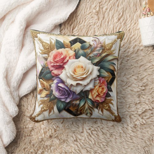 Elegant Roses in Intricate Floral Design Throw Pillow