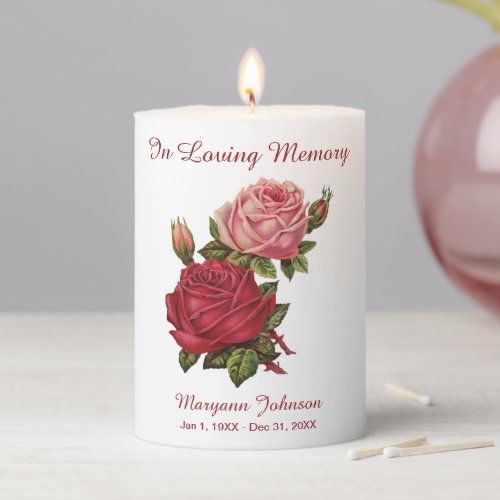 Elegant Roses In Loving Memory Remembrance Pillar Candle