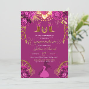 Elegant Roses Magenta Pink Charro Quinceanera Invitation