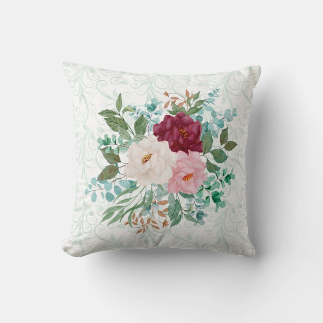 Elegant Roses & Mint Double-Sided Custom Throw Pillow (Front)
