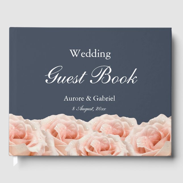 Elegant Roses Navy Blue Blush White Wedding Guest Book (Front)