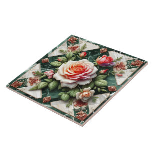 Elegant Roses on a Green Marble Background Ceramic Tile