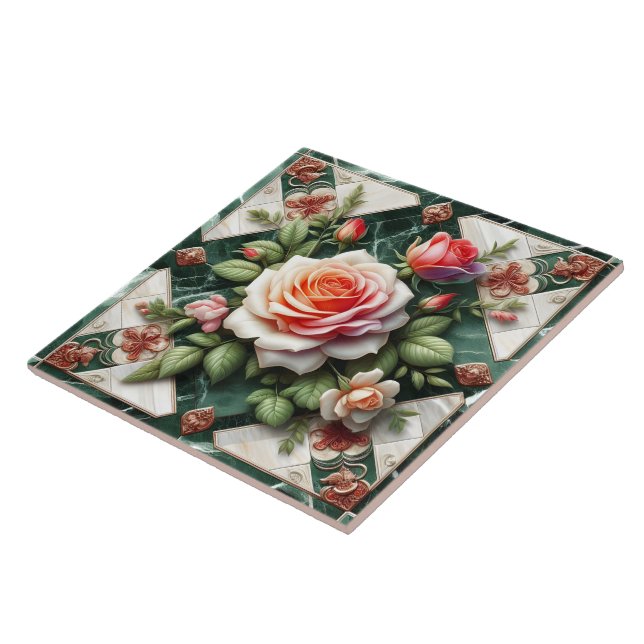 Elegant Roses on a Green Marble Background Ceramic Tile (Side)