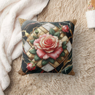 Elegant Roses on Marble and Gold Background Throw Pillow