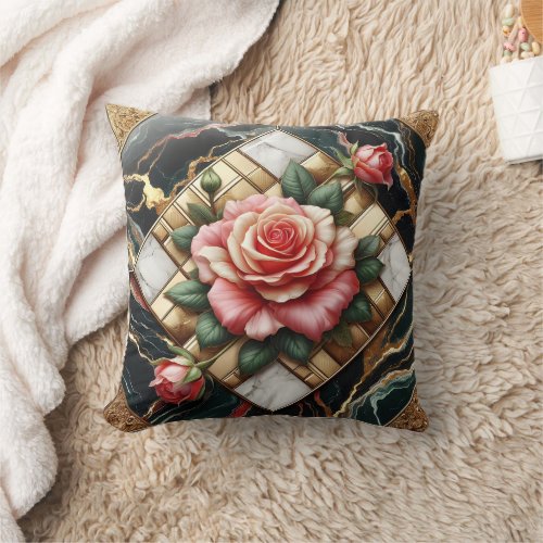 Elegant Roses on Marble and Gold Background Throw Pillow