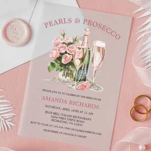 Elegant Roses, Pearls and Prosecco Bridal Shower Acrylic Invitations