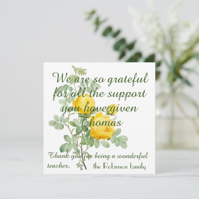 Elegant Roses Personalized Thank You Teacher Card (Standing Front)