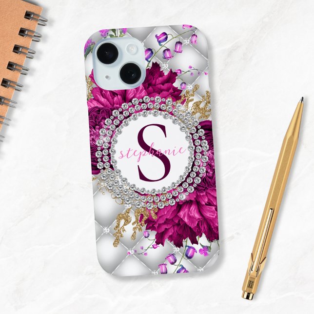 Elegant Roses Pink Burgundy Diamonds Monogram Case-Mate iPhone Case (Mockup View)