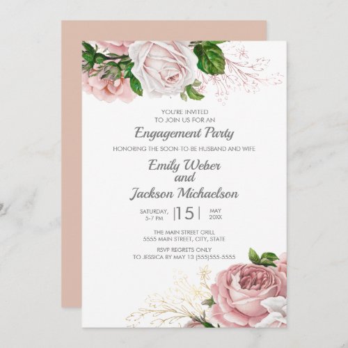 Elegant Roses Pink Floral White Engagement Party Invitation