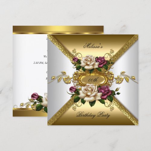 Elegant Roses Pink White Gold Birthday Party 2 Custom Invite