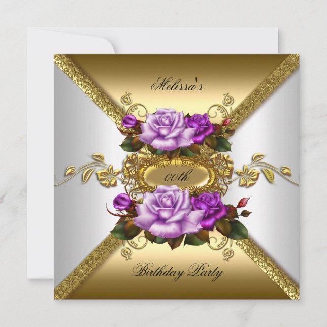 Elegant Roses Purple White Gold Birthday Party Invitation (Front)