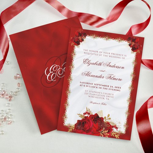 Elegant Roses Red Gold Floral Wedding Invitation