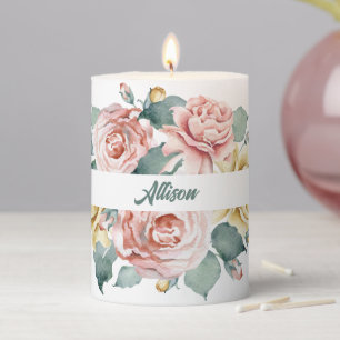 Elegant Roses Watercolor Floral Personalized Pillar Candle