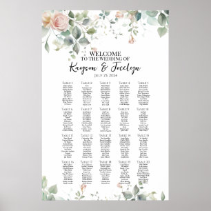 Elegant roses wedding seating chart 20 tables