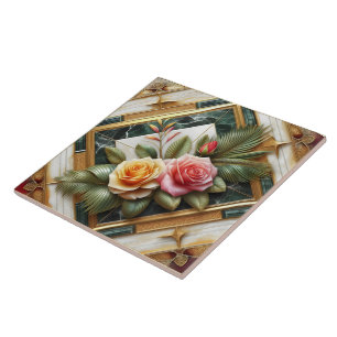 Elegant Roses With Decorative Leaves on Marble Ceramic Tile