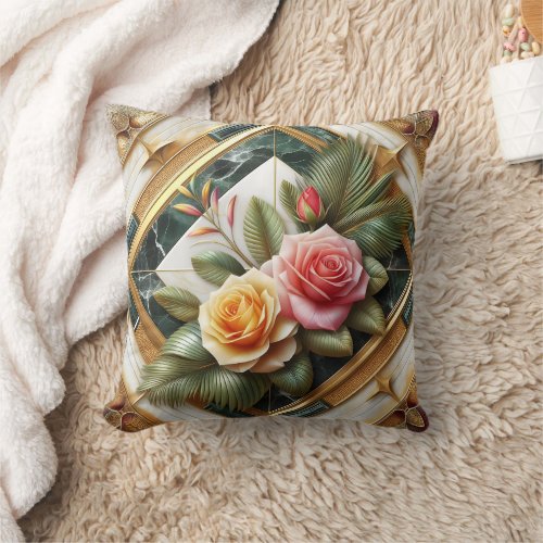 Elegant Roses With Decorative Leaves on Marble Throw Pillow