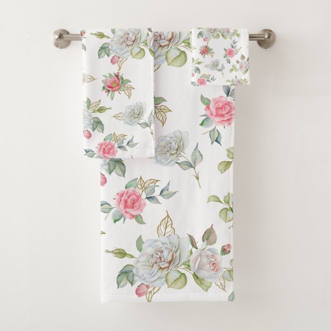 Elegant Roses with Gold Engraved Leaves Bath Towel Set (Insitu)
