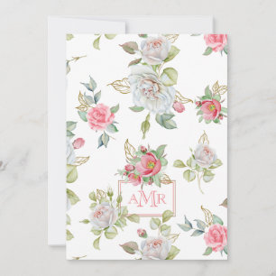 Elegant Roses with Gold Engraved Leaves   Monogram Note Card