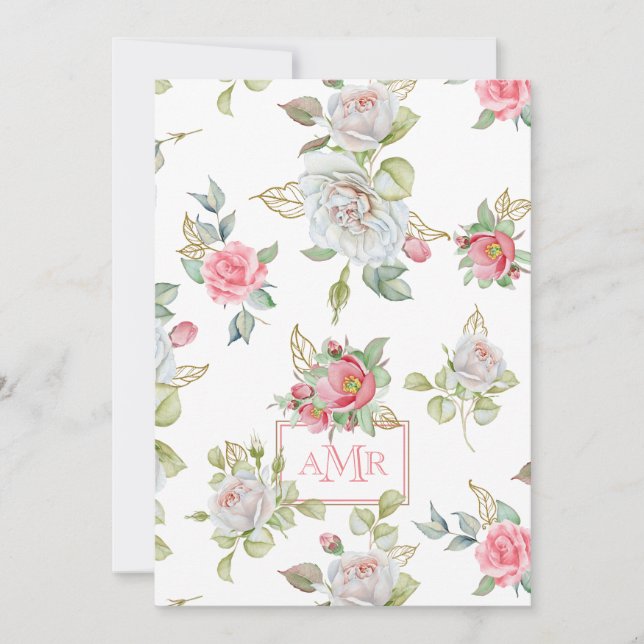 Elegant Roses with Gold Engraved Leaves | Monogram Note Card (Front)
