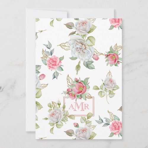 Elegant Roses with Gold Engraved Leaves  Monogram Note Card