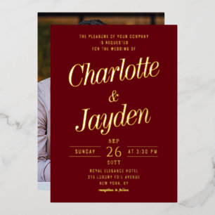 Elegant Rosewood Foil Script Photo Wedding Invitation