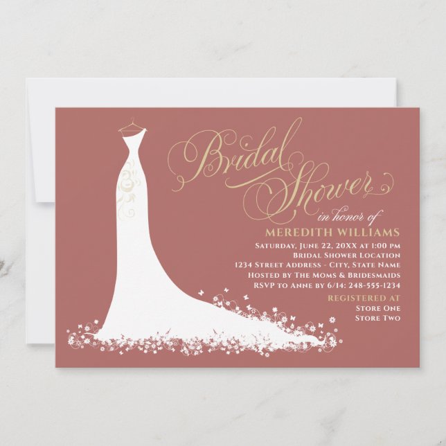Elegant Rosewood Gold Wedding Gown Bridal Shower Invitation (Front)