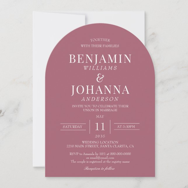 Elegant Rosewood Pink Arch Wedding Invitation (Front)