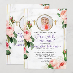 Elegant Rosy Blush Floral First Communion Invitation