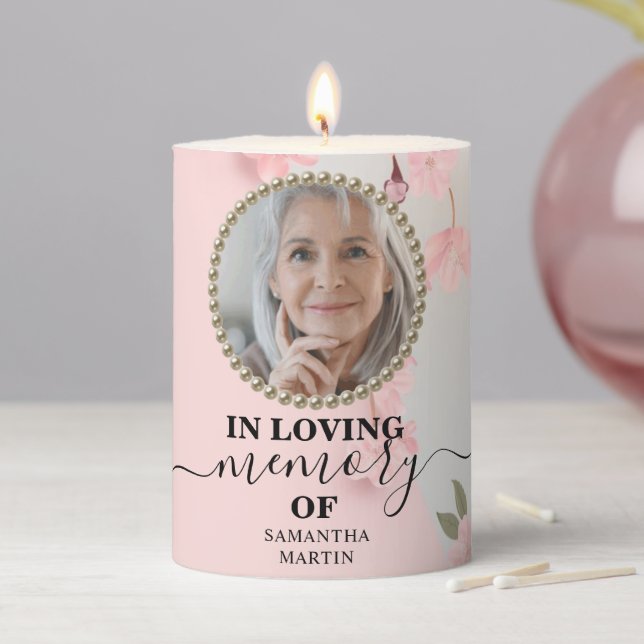 Elegant Rosy Floral Memorial Remembrance Pillar Candle (In Situ)