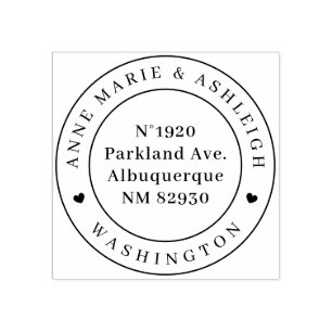 Elegant Round Heart Wedding Names Return Address Rubber Stamp