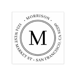 Elegant Round Monogram Family Name Return Address Rubber Stamp