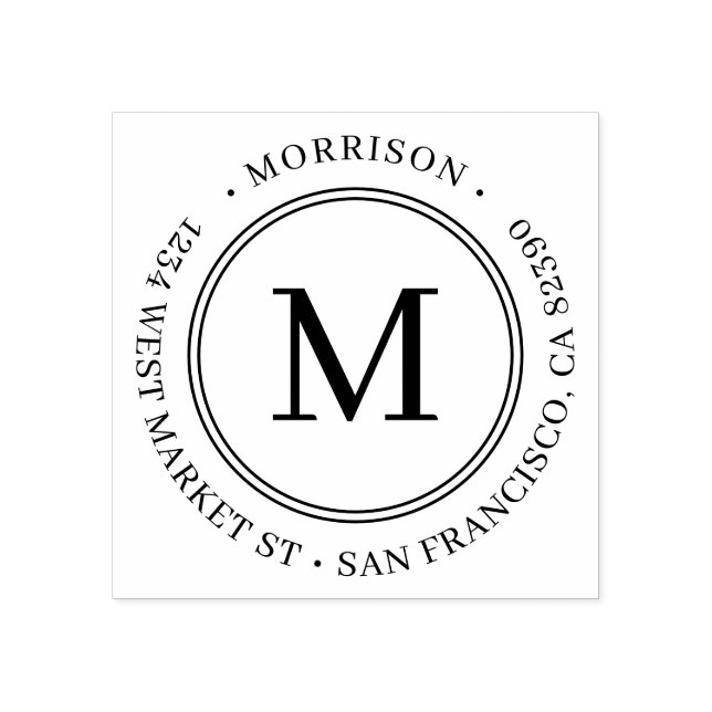 Elegant Round Monogram Family Name Return Address Rubber Stamp (Imprint)