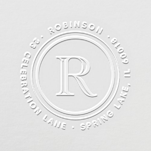 Elegant Round Monogrammed Initial Return Address Embosser - Add a stylish personalized touch to cards, invitations, and other correspondence with a round return address envelope embosser. All wording on this template is easy to customize or delete. The simple round design features an elegant monogrammed initial and modern minimalist typography name and address in a circle. Metallic stickers are also available as an option to create your own gold or silver foil seals and labels. This embosser makes a unique and thoughtful housewarming gift idea for friends, family or wedding couple who recently moved to a new home.