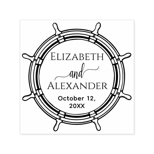 Elegant Round Ship Wheel Frame Names Date Wedding Self-inking Stamp (Design)
