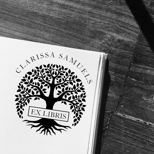 Elegant Round Tree Custom Name Ex Libris Rubber Stamp
