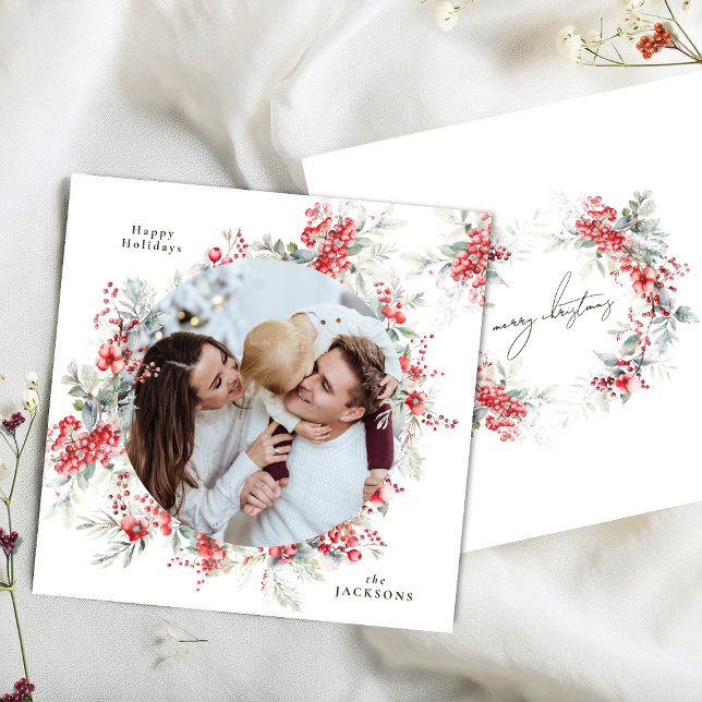 Elegant Round Wreath Christmas Winter Photo Square Holiday Card (Creator Uploaded)